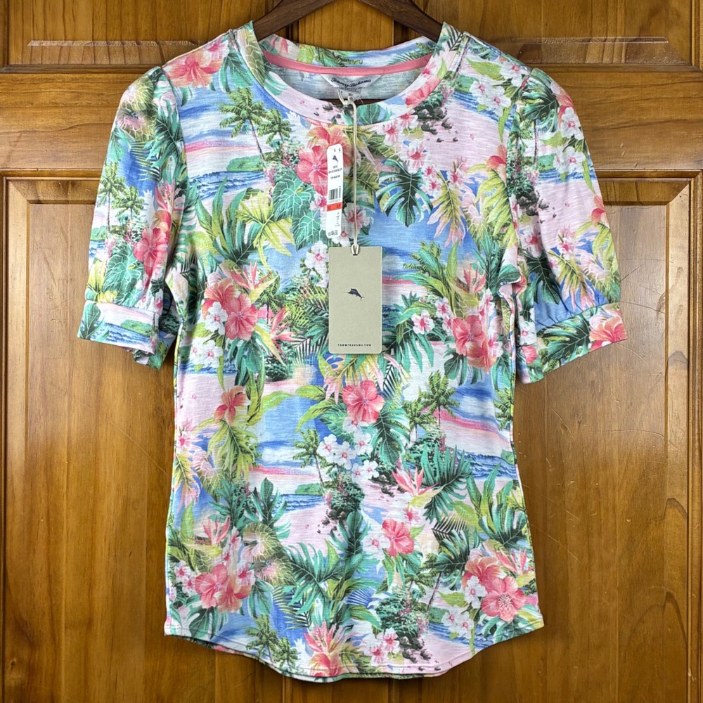 Tommy Bahama Ashby Isles NWT XS Tropical Floral Puff Sleeve 100% Slub Cotton Tee